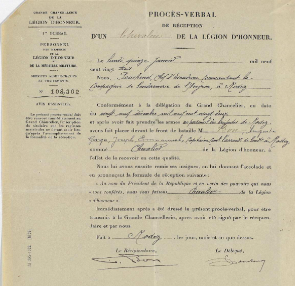 Procès verbal Chevalier Légion d'Honneur
